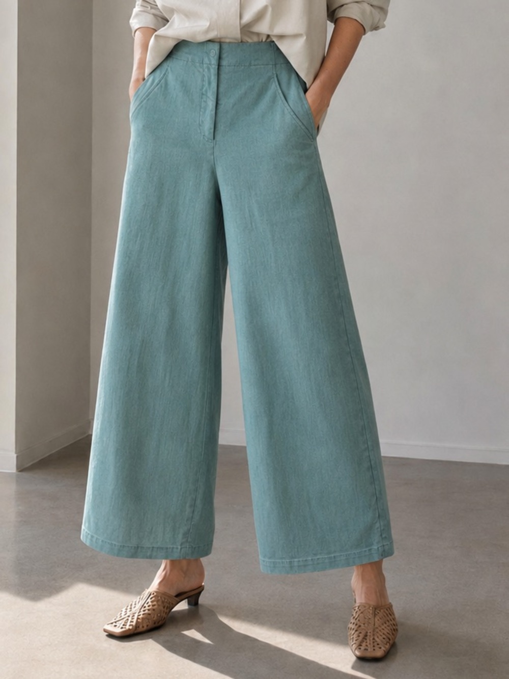 Tibi Wide-Leg Cropped Pants in Mint Green, Size 0